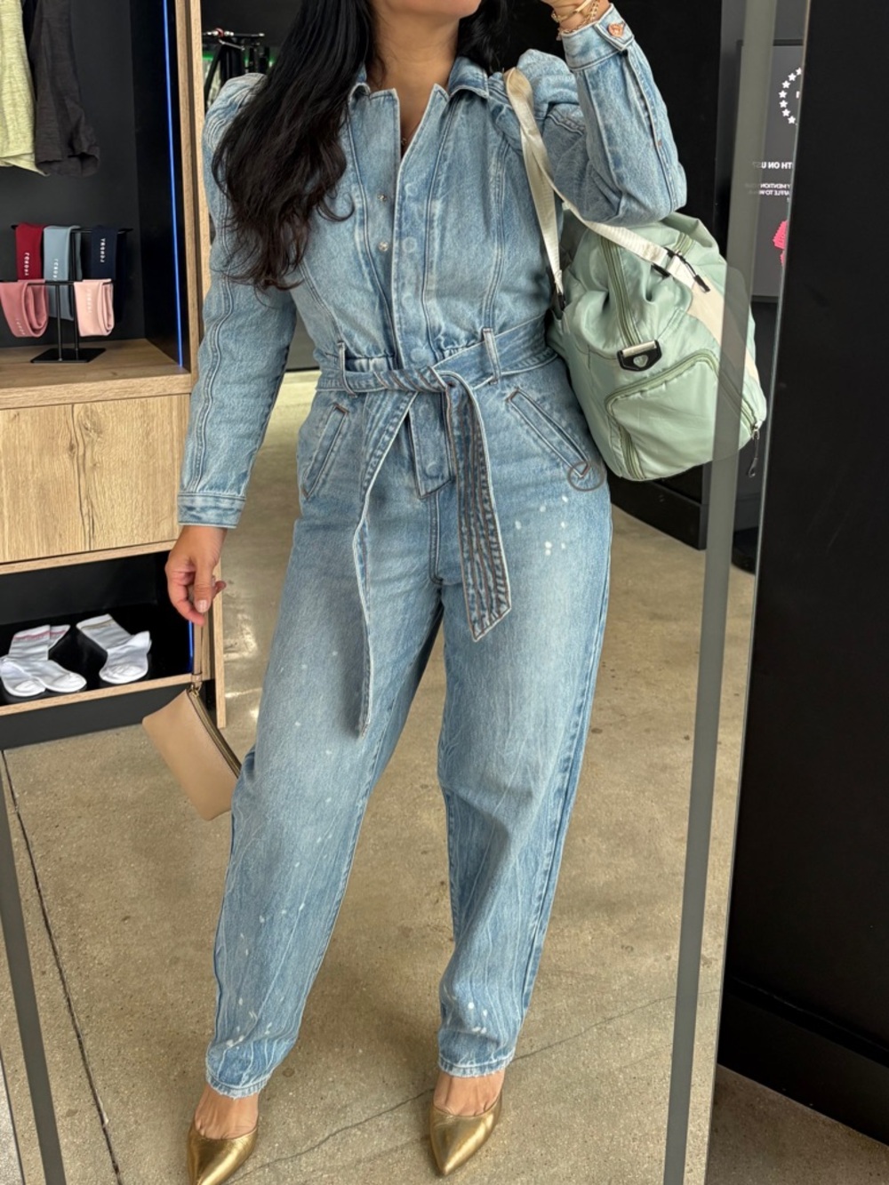 Express Light Blue Denim Tie-Waist Jumpsuit